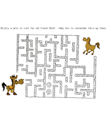 A maze with two horses and a crossword puzzle.