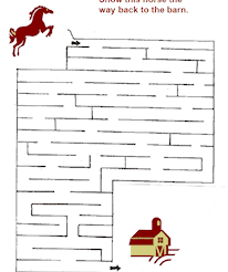 A horse jumping over a barn in the middle of a maze.