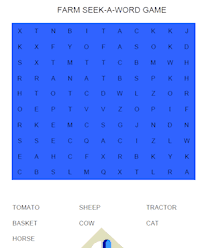 A blue word search puzzle with the words tomato, sheep, tractor, basket, cow and cat.